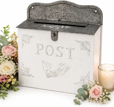 Image de Boîte aux lettres murale en métal, de style vintage, blanche, dimensions : 32,4 x 34,9 cm