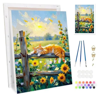 Obrázek produktu pro Sada pro malování podle čísel, motiv: kočka při západu slunce, s rámem, rozměry 20x30 cm, vhodná pro začátečníky a dospělé