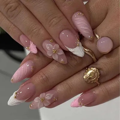 Image de Ensemble de 24 ongles artificiels, forme amande, couleur rose avec motif floral