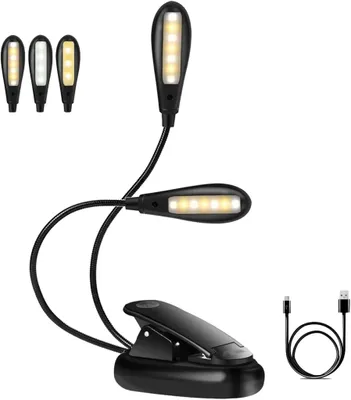 Produktbild von Leselampe Buch Klemme, Klemmleuchte Buchlampe USB Wiederaufladbare mit 14 LEDs, 3 Farbtemperatur, 3 Helligkeit, Doppelkopf, 360° Flexibel Notenständer
