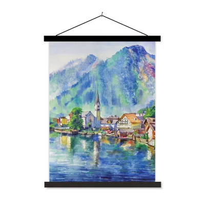 Produktbild von MuchoWow® Textilposter Gemälde - Ölfarbe - Haus - Berge - Wasser 40x53 cm mit schwarzem Rahmen - Abbildung