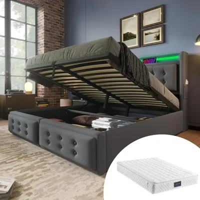 Immagine prodotto di Letto imbottito 160x200, letto matrimoniale con testiera in ecopelle e funzione di ricarica USB-C, letto con sistema di sollevamento idraulico, rete a doghe in legno e struttura in metallo