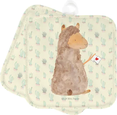 Produktbild von Mr. & Mrs. Panda Topfuntersetzer Alpaka Fahne - Kaktus Grün - Geschenk, Lamas, Liebe, Topflappen, Zwei, Set, Kochlappen, topfhalter, Alpakas, Lama