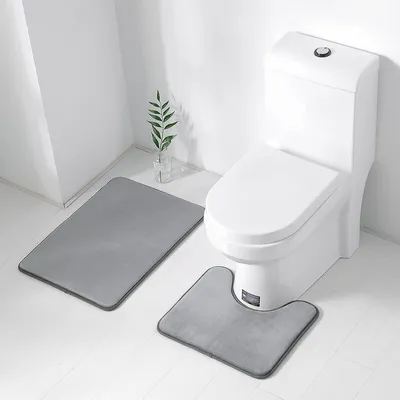 Image de lot de 2 tapis de bain 50 × 70 cm mousse à mémoire de forme flanelle antidérapante + 40 × 50 cm tapis de toilette en forme de U - gris foncé