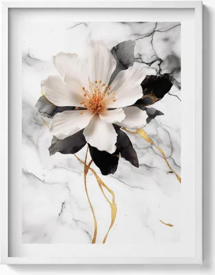Produktbild von Marmorkomposition mit Blumen– Wandbild mit Rahmen – Gerahmtes Bild  – Wanddekoration – 60x80 cm –  Weiß Rahmen