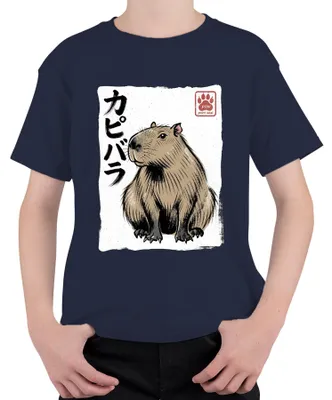 Zdjęcie produktu dla Koszulka dziecięca z motywem kapibary (woda świnia), styl japoński, retro, japońska sztuka Ukiyo-e, kolor granatowy, rozmiar 116