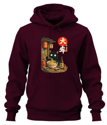 Obrázok produktu pre Japonská čierna mačka, ramen, Japonsko, štýl rokov 2000, mikina s kapucňou, farba bordová, veľkosť M