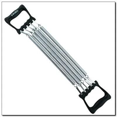 A chest expander with black handles and silver springs, isolated on a white background.