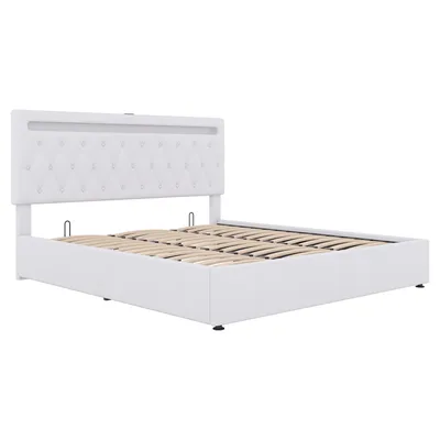 Image de Lit boxspring rembourré 180x200 avec éclairage d’ambiance LED et ports USB & Type-C,lit coffre hydraulique avec grand rangement (sans matelas) Blanc