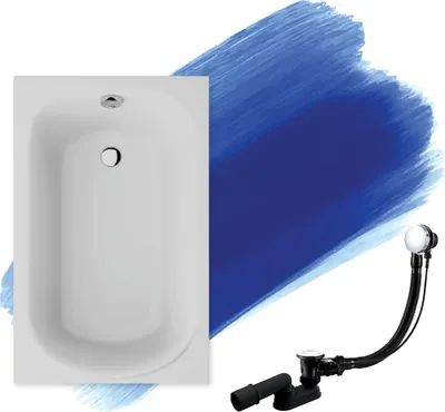 A white bathtub and a drain assembly are shown against a blue brushstroke background.