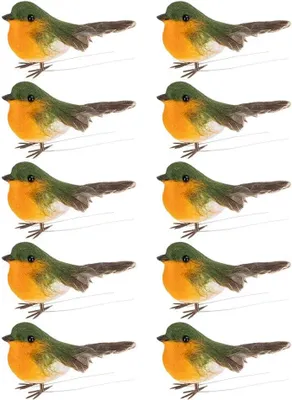 Productafbeelding van Decoratieve vedervogels - Set van 10 - Decoratieve vogels - Roodborstjes - 2 cm x 6,5 cm x 3,8 cm - Miniatuur vogels