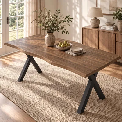 Image de Table rectangulaire pour 4 à 6 personnes, table de salle à manger ou de cuisine avec pieds en forme de "X", table pour salon et salle à manger, en noyer