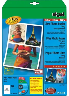 Produktbild von SIGEL IP675 Inkjet Fotopapier Ultra, hochglänzend, 190 g/m², A4, 20 Blatt