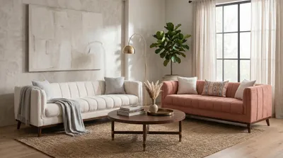Productafbeelding van Bruinbeige woonkamer set, design sofa's, stoffen banken