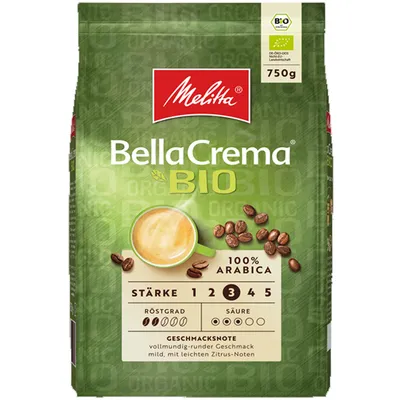 A bag of Melitta BellaCrema Bio coffee beans.