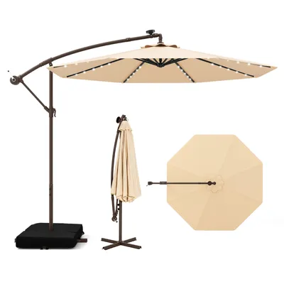 Zdjęcie produktu dla Parasol COSTWAY do montażu na stojaku, średnica 300 cm, z 40 diodami LED zasilanymi energią słoneczną i mechanizmem do otwierania, parasol ogrodowy z ochroną UV, kolor beżowy