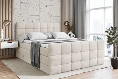 Produktbild von ALTDECOR Boxspringbett mit Matratze und Lattenrost  - APO -Z KING  - 200x200 cm  - Beige Samt - Topper, Fußteil, Polsterbett mit Bettkasten, Bett mit Stauraum H3 - und H4 - Matratze, Doppelbett, Springboxbett