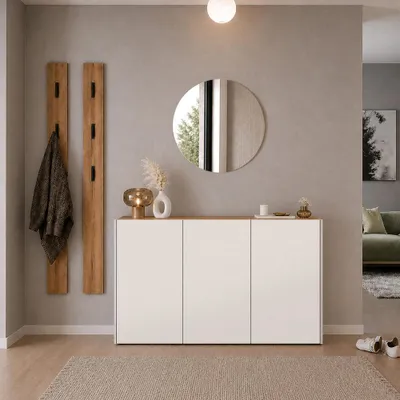 Produktbild von Garderobenset 4-teilig mit Schuhschrank, 2 Garderobenpaneelen & Spiegel in Beige mit Eiche - LAPUA-01