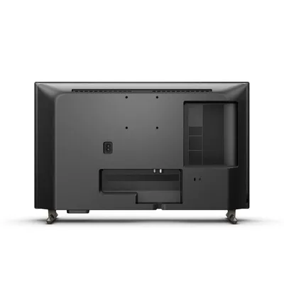 The back of a black Philips LED television is shown against a white background.