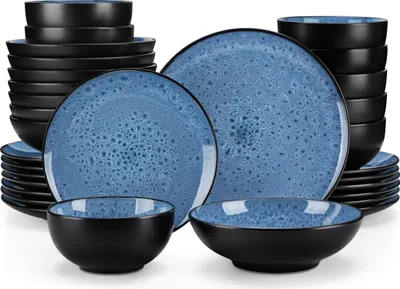 Image de Service de table pour 8 personnes, 32 pièces service combiné en porcelaine, set de vaisselle avec assiette plate, assiette à dessert, assiette à soupe et bols, bleu