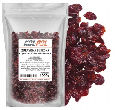 Zdjęcie produktu dla ŻURAWINA SUSZONA BEZ CUKRU Z SOKIEM JABŁKOWYM 1kg Cięta naturalna Kol-Pol