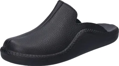 A black leather slipper is shown against a white background.