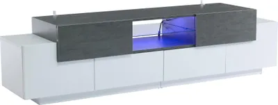 Zdjęcie produktu dla Szafka TV LED z 4 drzwiami i otwartymi szklanymi półkami, 1 szuflada, komoda TV, biały + szary
