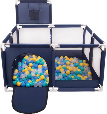 Produktbild von Selonis laufstall mit korb und 400 bälle laufgitter für kinder, blau:türkis/blau/gelb/transparent