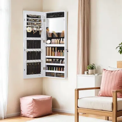 Image de Armoire à bijoux avec éclairage LED, verrouillable, et organisateur à bijoux | Blanc | 37,6 x 9,8 x 108,1 cm