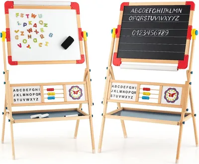 Produktbild von 3 in 1 Kinderstaffelei aus Kiefernholz, doppelseitige Kinder Staffelei mit Papierrolle, Abakus, Uhr & Alphabet, Ablage, Kunststaffelei