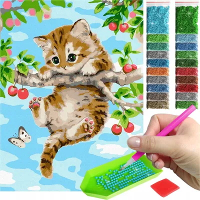 Zdjęcie produktu dla Haft diamentowy ARTULIO - Kotek na gałęzi wśród wiśni - 40 x 30 cm - Diamond painting, Kompletny zestaw: mozaika + akcesoria