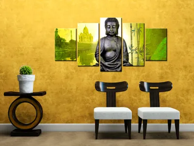 Produktbild von Akustikbild Buddha 200x100 cm Bilder Akustikschaum Hochleistungsschallabsorber Schallschutz Leinwand 5 tlg Wandbild Raumakustik Schalldämmung 51412