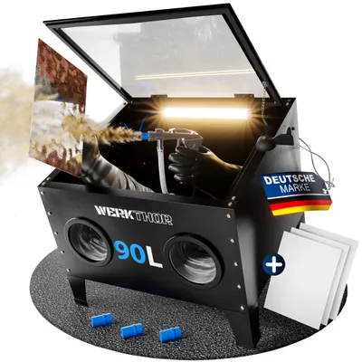 Produktbild von Werkthor Sandstrahlkabine 90 Liter - Sandstrahlgerät für Holz & Metall mit Strahlpistole & 4 Keramikdüsen - Sandstrahler zur Aufbereitung