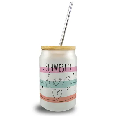 Produktbild von Herzen Trinkglas mit Bambusdeckel mit Spruch Schwesterherz