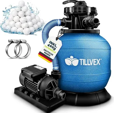 Produktbild von Sandfilteranlage Pool 7.900L/h inkl. 400g Filterbälle | Filteranlage 7-Wege Ventil & 2in1 Adapter ?32mm - 38mm | Poolfilter mit Druckanzeige | Sandfilter für Schwimmbecken (Blau)