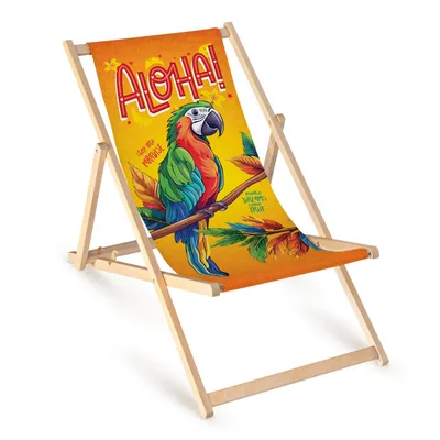 Produktbild von Holz Liegestuhl klappbar „Aloha Papagei“ – Gartenstuhl Relaxstuhl Sonnenliege Balkon Terrasse Tropenmotiv