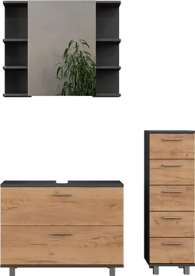 Produktbild von Vicco Badmöbel-Set Ilias, 3 Teile, mit Unterschrank 80 cm, Goldkraft Eiche/Anthrazit/Anthrazit