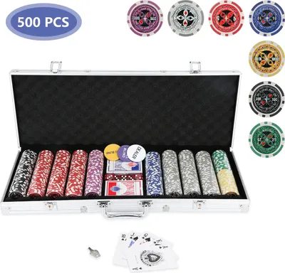 Image de EINFEBEN Pokerchips Jeux de cartes Boîte métallique Support de table Mallette de poker CHIP 500 jetons Set de poker 2x Poker