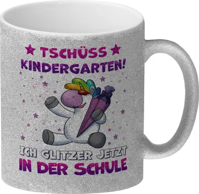 Produktbild von Tschüss Kindergarten Einhorn Glitzer-Kaffeebecher für die Einschulung