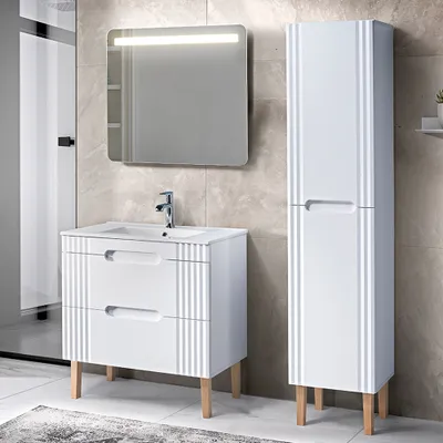 Produktbild von Badmöbelset weiß mit 80cm Waschtisch, Hochschrank, LED-Spiegel, FAIRFIELD-56
