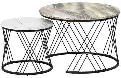 Produktbild von Couchtische im 2er-Set, Marmoroptik, Spanplatte, Metall, runde Kaffeetische für Wohnzimmer, ineinanderstellbar Grau+Weiß