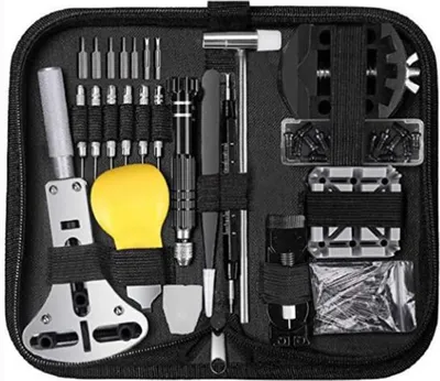 A black zippered case containing a watch repair tool kit.