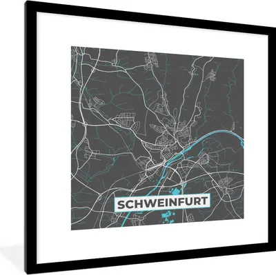 Produktbild von MuchoWow® Gerahmtes Poster Deutschland - Blau - Schweinfurt - Stadtplan - Karte 40x40 cm - Poster mit Schwarzem Bilderrahmen Wandposter Rahmen Foto Bilder - Poster - Plakat im Rahmen