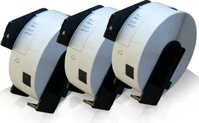 Three rolls of labels are shown in a studio setting with a white background.