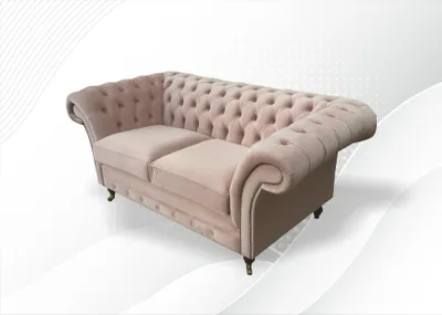 Immagine prodotto di Divano Chesterfield a due posti, colore rosa chiaro, rivestito in tessuto, design moderno e creativo, ideale per il soggiorno