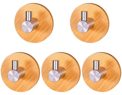 Produktbild von Holz Badetuchhalter 5 Stück, Selbstklebende Haken aus Bambus und Edelstahl 304, Wasserdicht für Bad, Küche, Wohnzimmer
