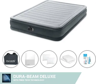 Produktbild von Intex Luftbett - 2 Personen - 152 x 203 x 33 cm - Grau - Mit eingebauter Pumpe + Spannbettlaken Weiß + Kopfkissen + Molton 2 in 1 Kissenbezüge + Reperaturset