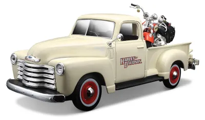 Set mit 2 Fahrzeugen: Harley-Davidson FLSTS & Chevy 3100, 1:12, schwarz