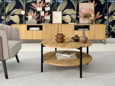 Produktbild von Couchtisch SIGMA B, Tisch mit zwei Tischplatten, runder Kaffeetisch mit Metallgestell (Farbe: Eiche artisan)