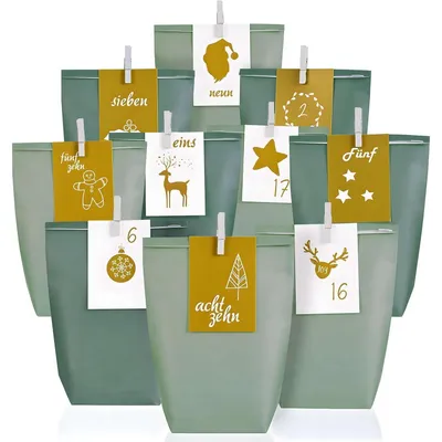 Productafbeelding van Adventskalender, cadeautasjes, 24 getallenkaarten, eucalyptusgroen